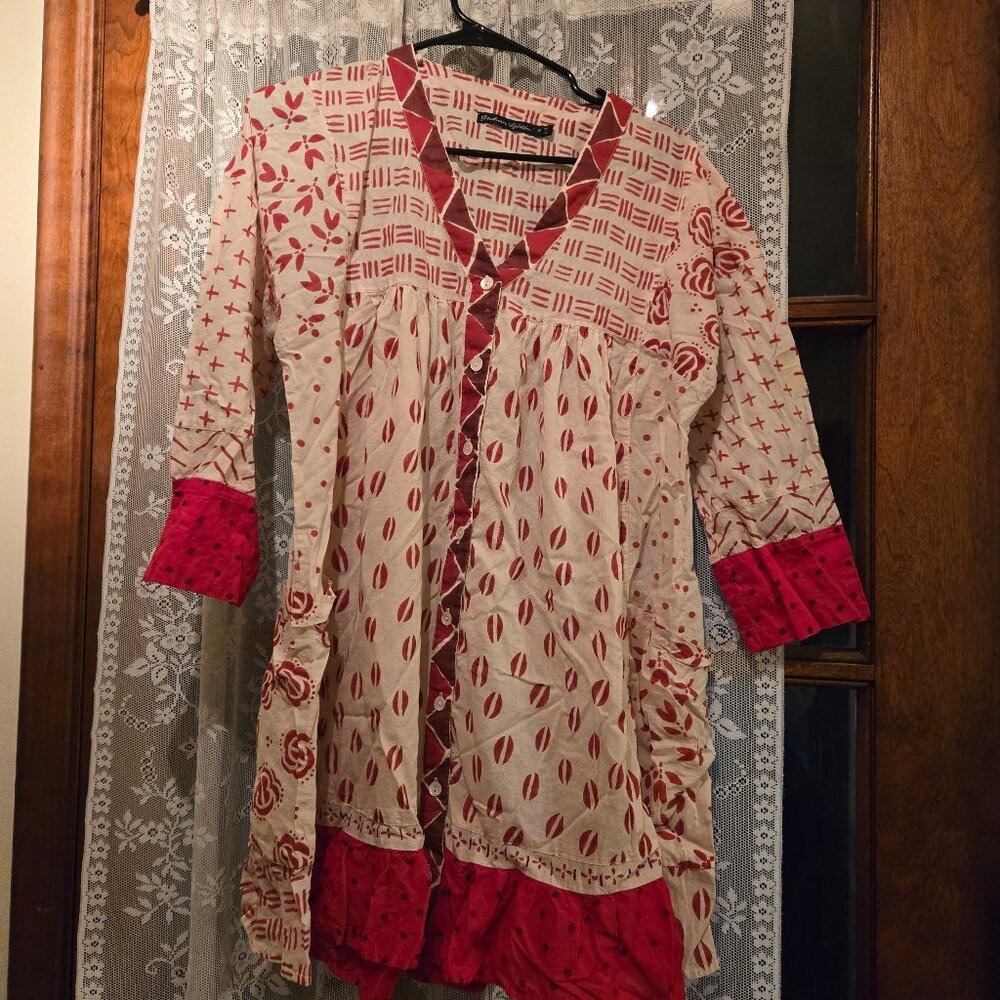SOLD Gudrun Sjoden Red and Cream Hand blocked Nicole Top. Small.  $60